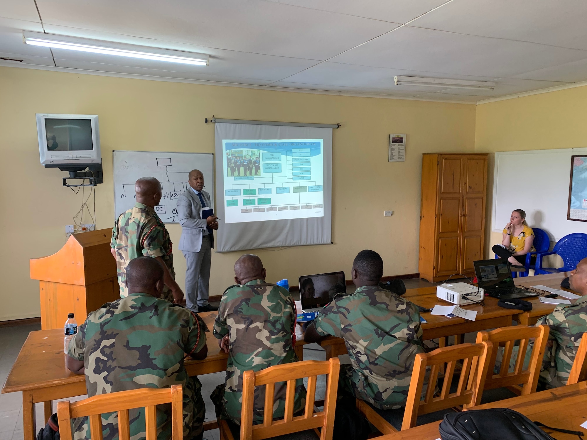 Noel Fachi, U.S. Air Forces in Europe and Air Forces Africa Manpower, Personnel and Services Directorate, Force Development team, briefs continuous process improvement to members of the Malawian air force at Lilongwe Air Base, Malawi, Jan. 14, 2020. Fachi leads a force development team that has been working with the Malawian air force since 2018 to build partnership capacity in the region. (U.S. Air Force photo by Capt. Korey Fratini)