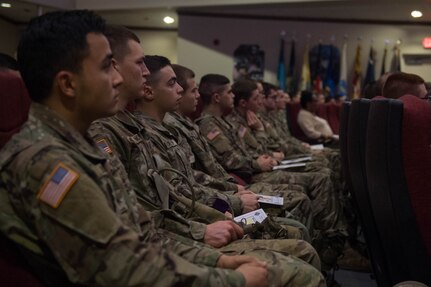 U.S. Army Soldiers from Joint Base Langley-Eustis, Virginia, attend a ceremony honoring the life and legacy of Dr. Martin Luther King Jr. at JBLE, Jan. 15, 2019. Dr. Martin Luther King Jr. was an advocate for equality and social justice reform in the U.S. (U.S. Air Force photo by Senior Airman Derek Seifert)
