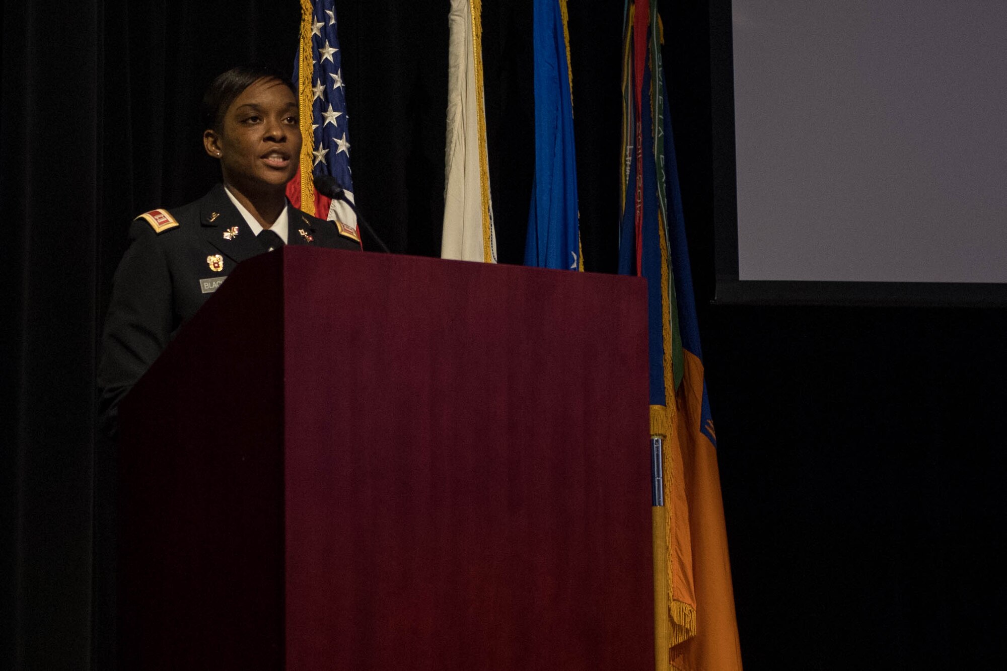 U.S. Army Capt. Octavia Blackwell, Delta 1-222 Aviation Battalion commander, speaks at a ceremony honoring the life and legacy of Dr. Martin Luther King Jr. at Joint Base Langley-Eustis, Virginia, Jan. 15, 2019. The theme for Dr. Martin Luther King Jr. day is “A day on, not a day off.” (U.S. Air Force photo by Senior Airman Derek Seifert)