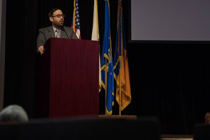 Matthew Harshman, Christopher Newport University professor, speaks at a ceremony honoring the life and legacy of Dr. Martin Luther King Jr. at Joint Base Langley-Eustis, Virginia, Jan. 15, 2019. Dr. Martin Luther King Jr. was a prominent leader during the Civil Rights Movement. (U.S. Air Force photo by Senior Airman Derek Seifert)