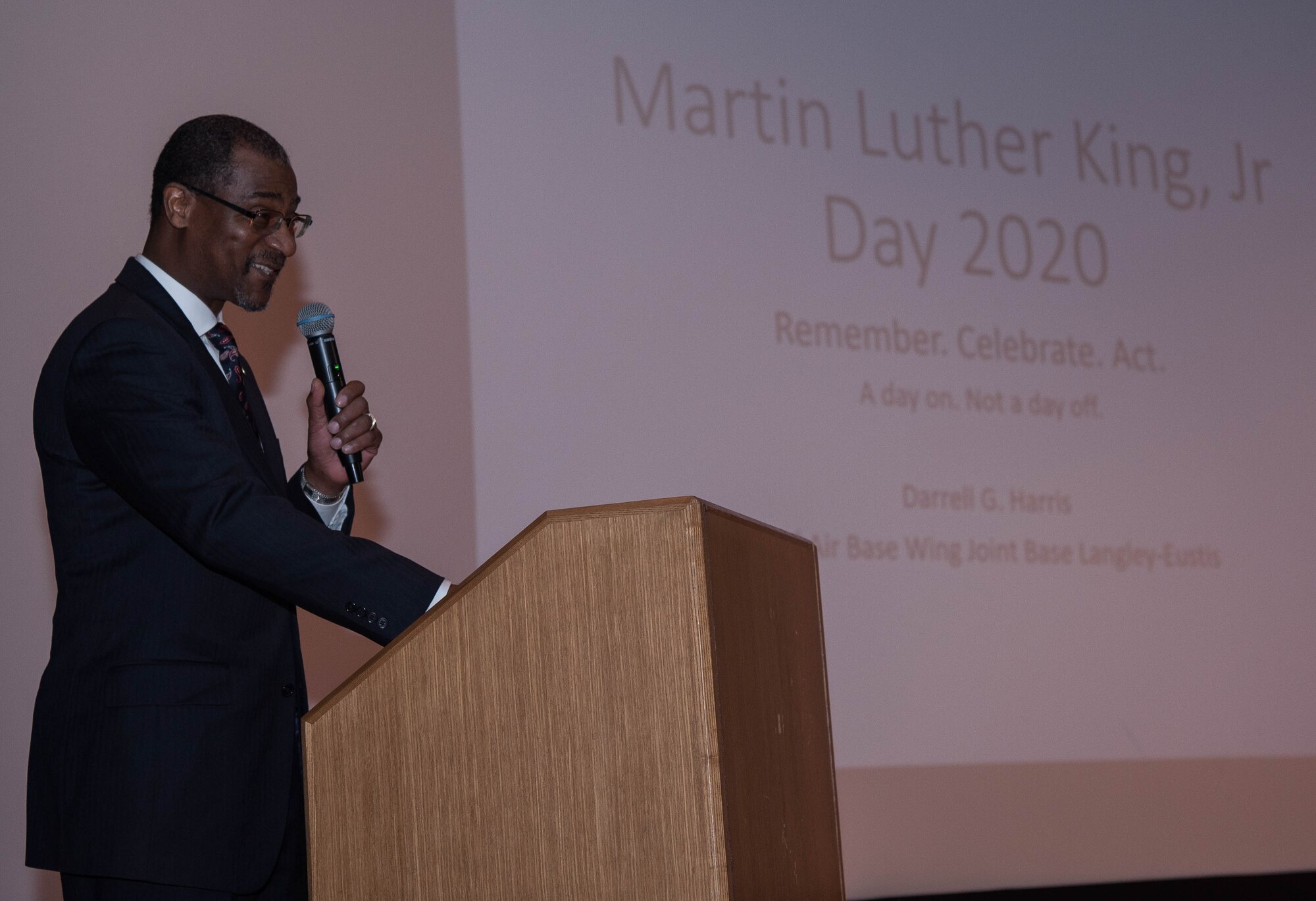 Darrell Harris, 7th Transportation Group integrated logistics support manager, Sayres and Associated Corp., speaks at a ceremony honoring the life and legacy of Dr. Martin Luther King Jr. at Joint Base Langley-Eustis, Virginia, Jan. 17, 2019. During his speech, Harris noted many of Dr. Martin Luther King Jr.’s accomplishments and how the civil rights leader’s teachings impacted his life. (U.S. Air Force photo by Airman 1st Class Marcus M. Bullock)