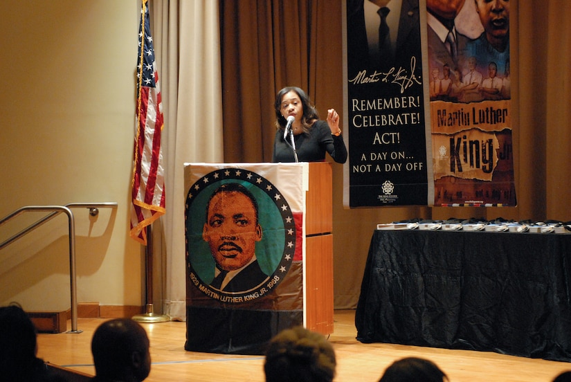 New Jersey Secretary of State Tahesha Way delivers remarks during New Jersey’s annual Martin Luther King Jr. commemoration Jan. 19 at the N.J. State Museum Auditorium in Trenton. Honored during the ceremony was former Sgt. Hilda P. Griggs, who served in the Second World War’s 6888th Central Postal Directory Battalion. The 6888th was the first-and-only all-African American, all-female unit to deploy overseas during the war. It consisted of 855 women under the command of Lt. Charity Adams, the first African-American woman commissioned in the Women’s Army Corps. (U.S. Army photo by Sgt. Sal Ottaviano)