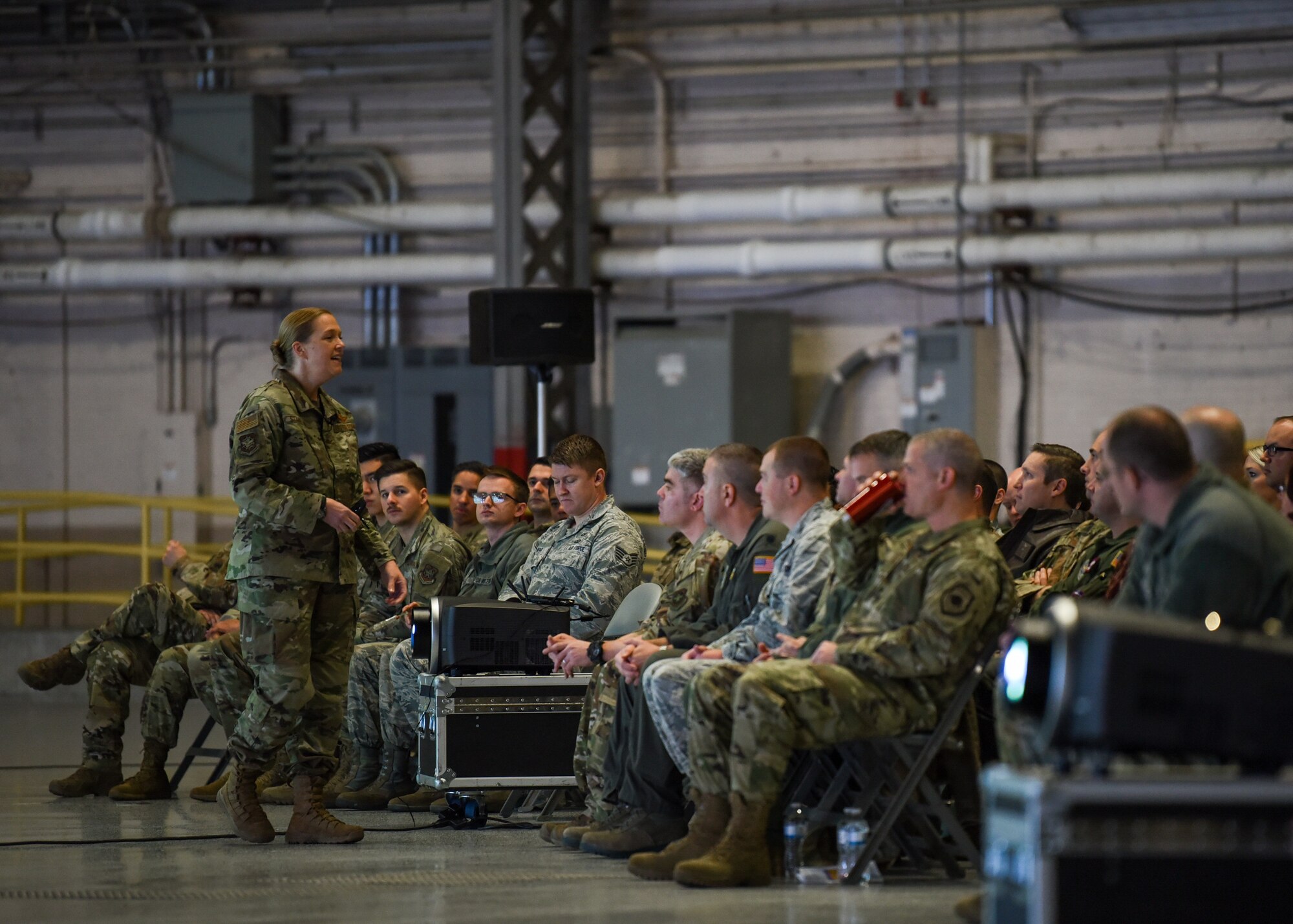 Col. Erin Staine-Pyne, 62nd Airlift Wing commander, speaks to members of the wing during a commander’s call Jan. 16, 2020 at Joint Base Lewis-McChord, Wash. Staine-Pyne served previously at JBLM as vice wing commander and the 8th Airlift Squadron commander from June 2013 to February 2015. (U.S. Air Force photo by Staff Sgt. Joshua Smoot)