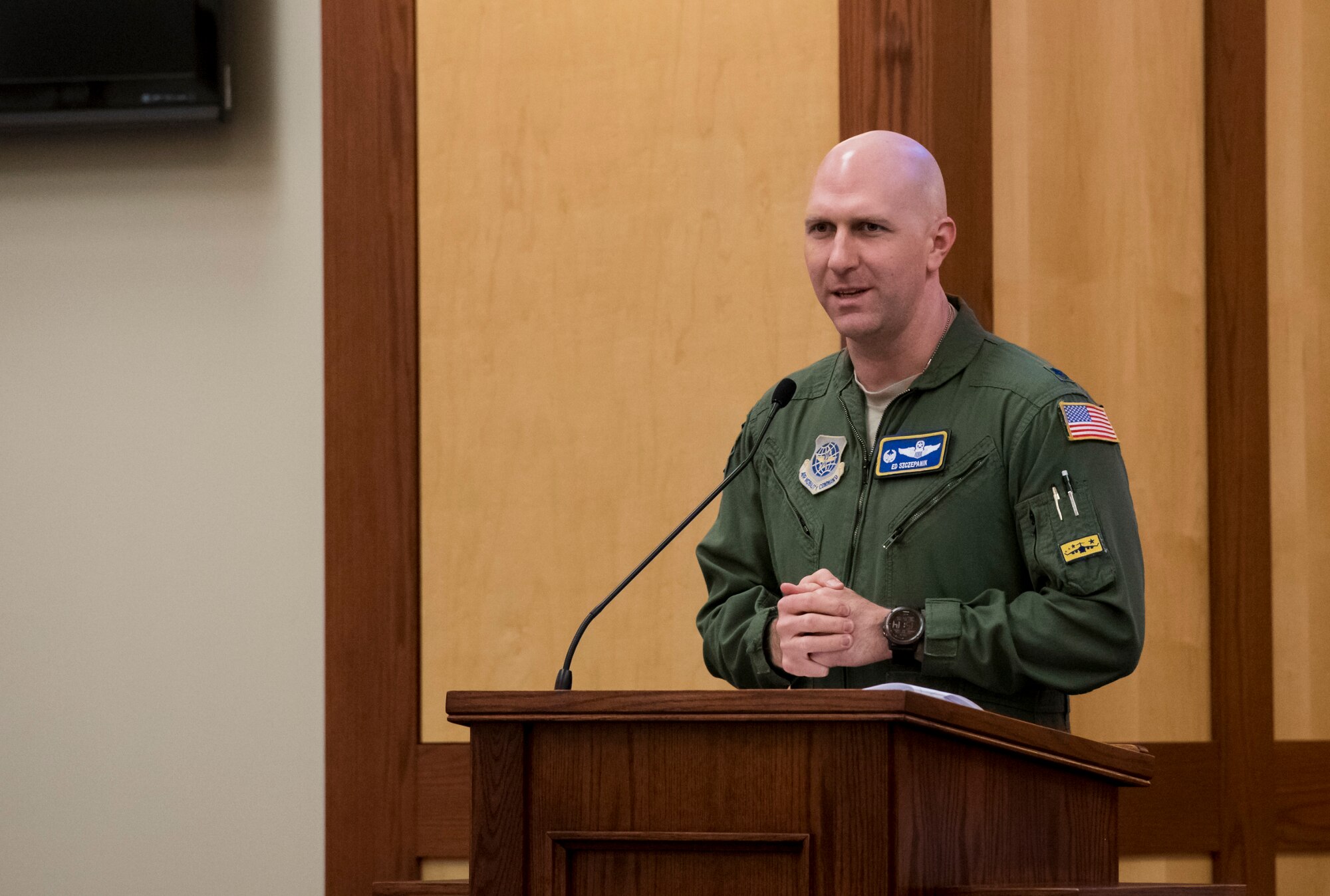 Lt. Col. Ed Szczepanik, 3rd Airlift Squadron commander, speaks during a tribute to Dr. Martin Luther King Jr. Jan. 14, 2020, at the chapel on Dover Air Force Base, Del. Szczepanik informed the audience of King’s incredible accomplishments, such as travelling over 6 million miles and delivering more than 2,500 speeches advocating for civil rights in the U.S.. King was awarded five honorary degrees and was named Man of the Year by Time magazine for 1963. (U.S. Air Force photo by Airman 1st Class Danielle Taylor)