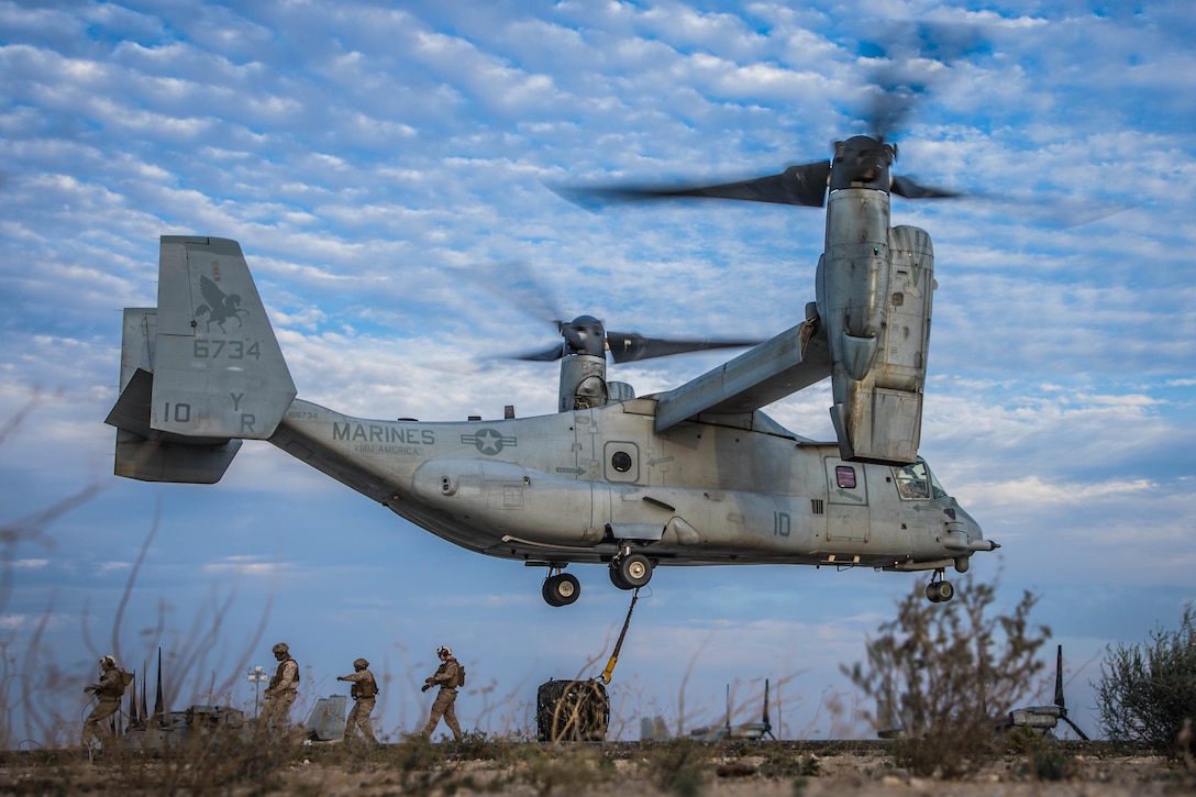 U.S. Marines with Marine Medium Tiltrotor (VMM) 161, attached to Special Purpose Marine Air-Ground Task Force – Crisis Response – Central Command (SPMAGTF-CR-CC) 19.2, participate in a helicopter support team exercise, Jan. 17, 2020. The SPMAGTF-CR-CC is a multiple force provider designed to employ ground, logistics and air capabilities throughout the Central Command area of responsibility. (U.S. Marine Corps photo by Sgt. Branden J. Bourque)