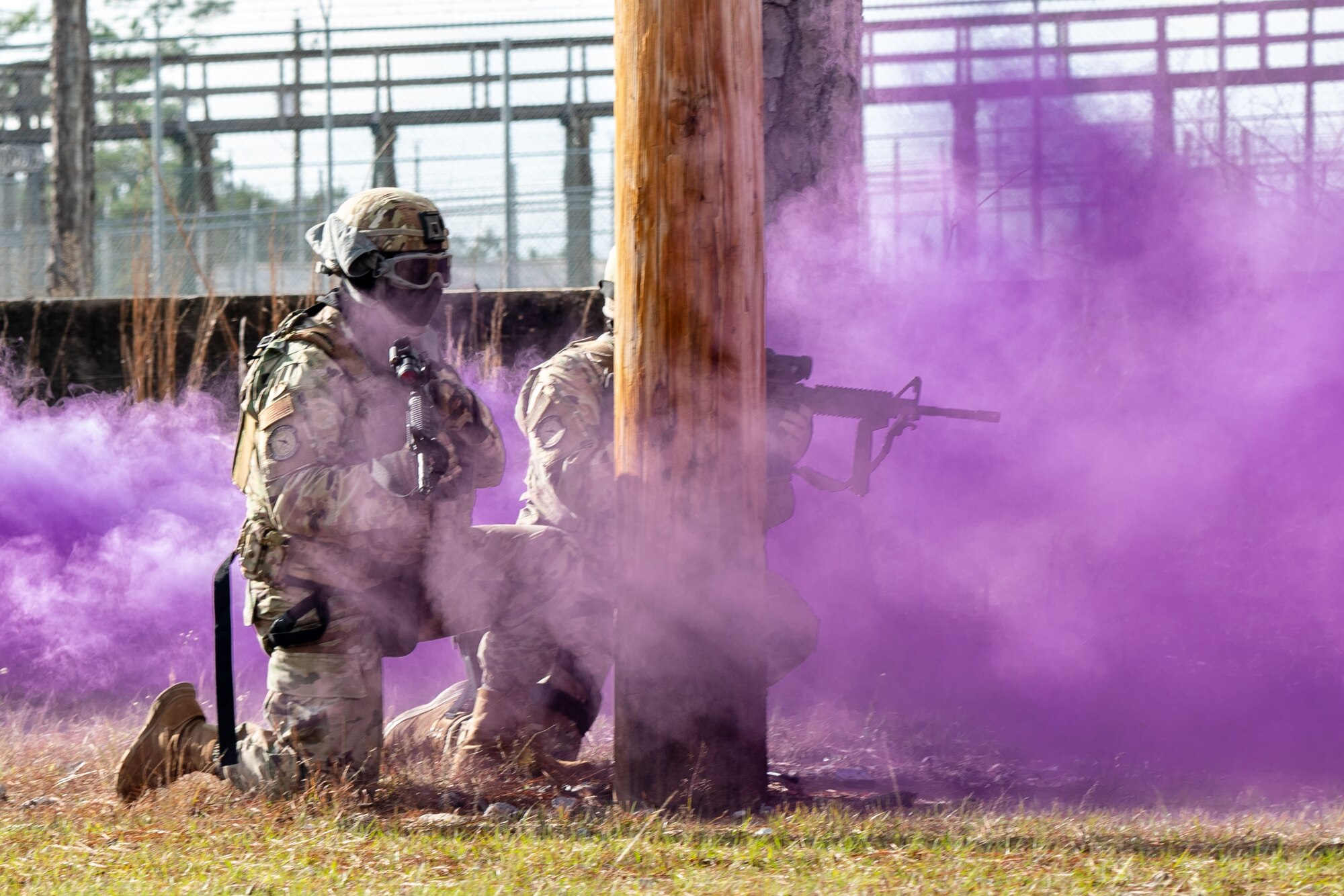 Reserve Citizen Airmen from the 403rd Wing's Security Forces Squadron put their military training to the test with simulated attacks during an enhanced training exercise called Operation Southern Comfort Jan 13-16, 2020, which took place at the Mississippi National Guard Combat Readiness Training Center, Gulfport, Mississippi and Camp Shelby, Hattiesburg, Mississippi. This training exercise was created with the intent to observe these Airmen perform their job duties in a simulated wartime environment. The Airmen were given tasks that they may encounter to include simulated chemical attacks, threats, air and ground attacks. These "attacks" were designed to see how they react, if they react correctly and how long it takes to react; which determines if they received the proper training and that they understand the training. (U.S. Air Force photo by Staff Sgt. Shelton Sherrill)