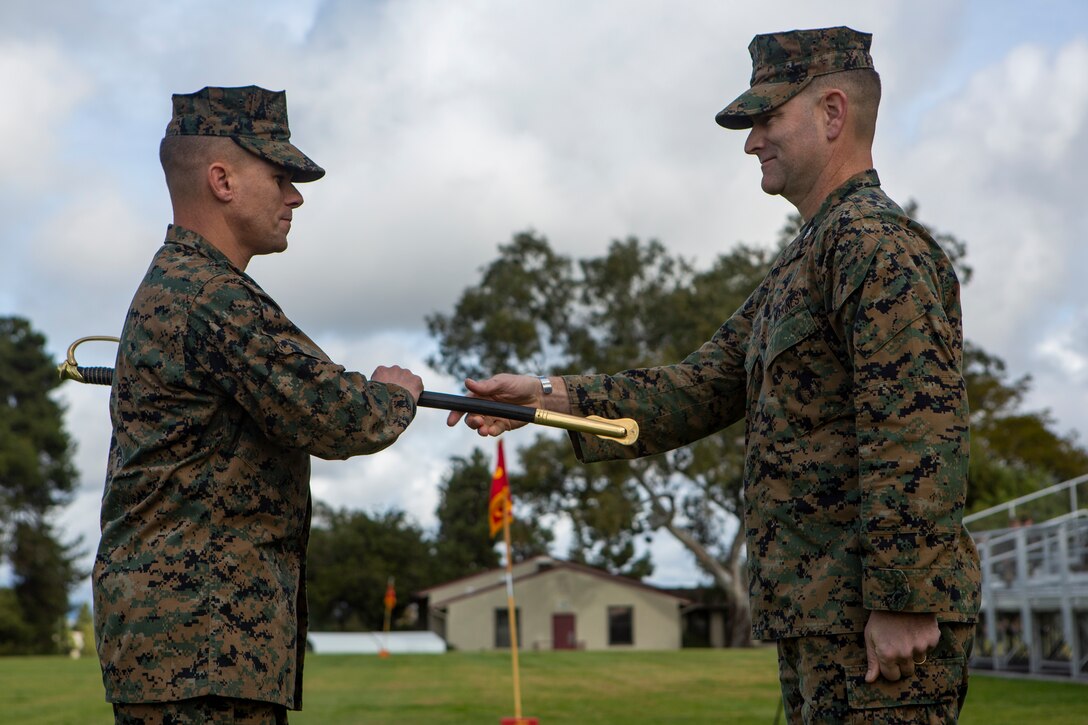 The ceremony marked the transfer of responsibility from Derby to Sgt. Maj. David M. White, who will now serve as the senior enlisted Marine in I Marine Expeditionary Force Information Group (I MIG). I MIG is I Marine Expeditionary Force’s presence in the information environment, a critical, new domain for warfare. (U.S. Marine Corps photo by Lance Cpl. Brendan Mullin)