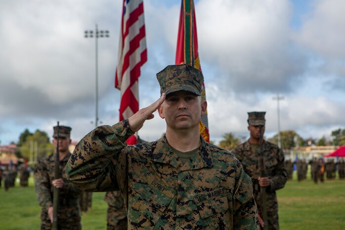 The ceremony marked the transfer of responsibility from Derby to Sgt. Maj. David M. White, who will now serve as the senior enlisted Marine in I Marine Expeditionary Force Information Group (I MIG). I MIG is I Marine Expeditionary Force’s presence in the information environment, a critical, new domain for warfare. (U.S. Marine Corps photo by Lance Cpl. Brendan Mullin)