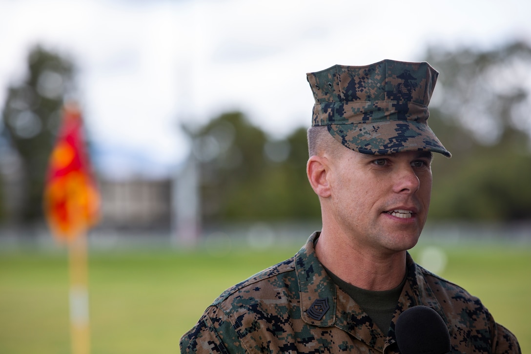 U.S. Marine Corps Sgt. Maj. David M. White addresses ceremony attendees during a relief and appointment ceremony at Marine Corps Base Camp Pendleton, California, Jan. 17, 2020. The ceremony marked the transfer of responsibility from Sgt. Maj. Vernon E. Derby to White, who will now serve as the senior enlisted Marine in I Marine Expeditionary Force Information Group (I MIG). I MIG is I Marine Expeditionary Force’s presence in the information environment, a critical, new domain for warfare. (U.S. Marine Corps photo by Lance Cpl. Brendan Mullin)