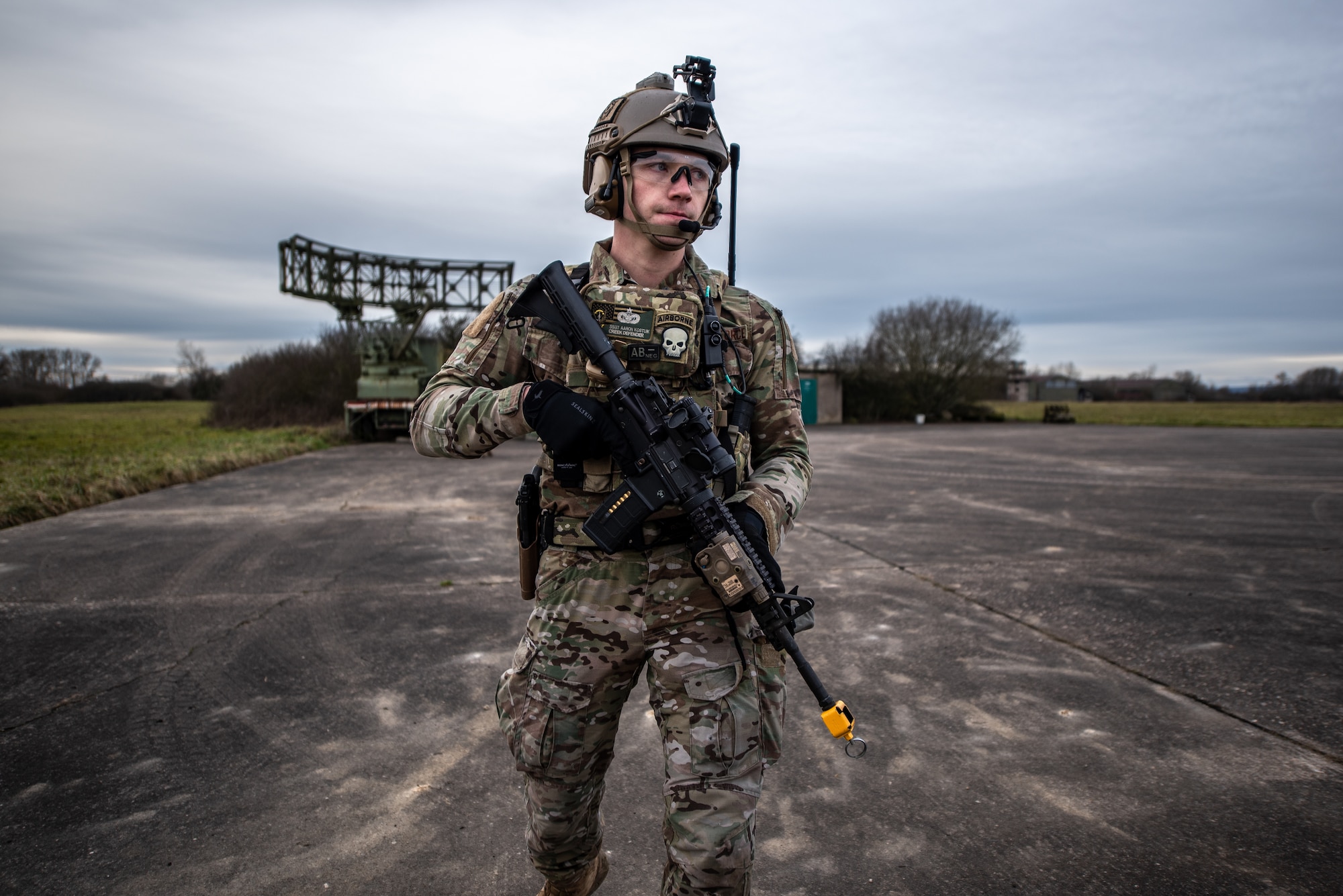 U.S. Air Force Staff Sgt. Aaron Kostiuk, 435th Security Forces Squadron ground combat readiness training center instructor, performs a sweep on an airfield during exercise Frozen Defender in Grostenquin, France, Jan. 14, 2020. Frozen Defender tests the squadron’s capabilities in a contested environment under harsh conditions. Kostiuk and his team conducted the sweeps to secure the airfield from potential threats. (U.S. Air Force photo by Staff Sgt. Devin Boyer)