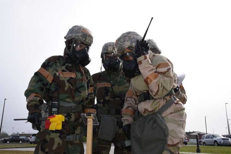 Reserve Citizen Airmen from the 403rd Wing work post attack reconnaissance as part of their training during an enhanced training exercise called Operation Southern Comfort Jan 13-16, 2020, which took place at the Mississippi National Guard Combat Readiness Training Center, Gulfport, Mississippi and Camp Shelby, Hattiesburg, Mississippi. This training exercise was created with the intent to observe these Airmen perform their job duties in a simulated wartime environment. The Airmen were given tasks that they may encounter to include simulated chemical attacks, threats, air and ground attacks. These "attacks" were designed to see how they react, if they react correctly and how long it takes to react; which determines if they received the proper training and that they understand the training. (U.S. Air Force photo by Master Sgt. Jessica Kendziorek)