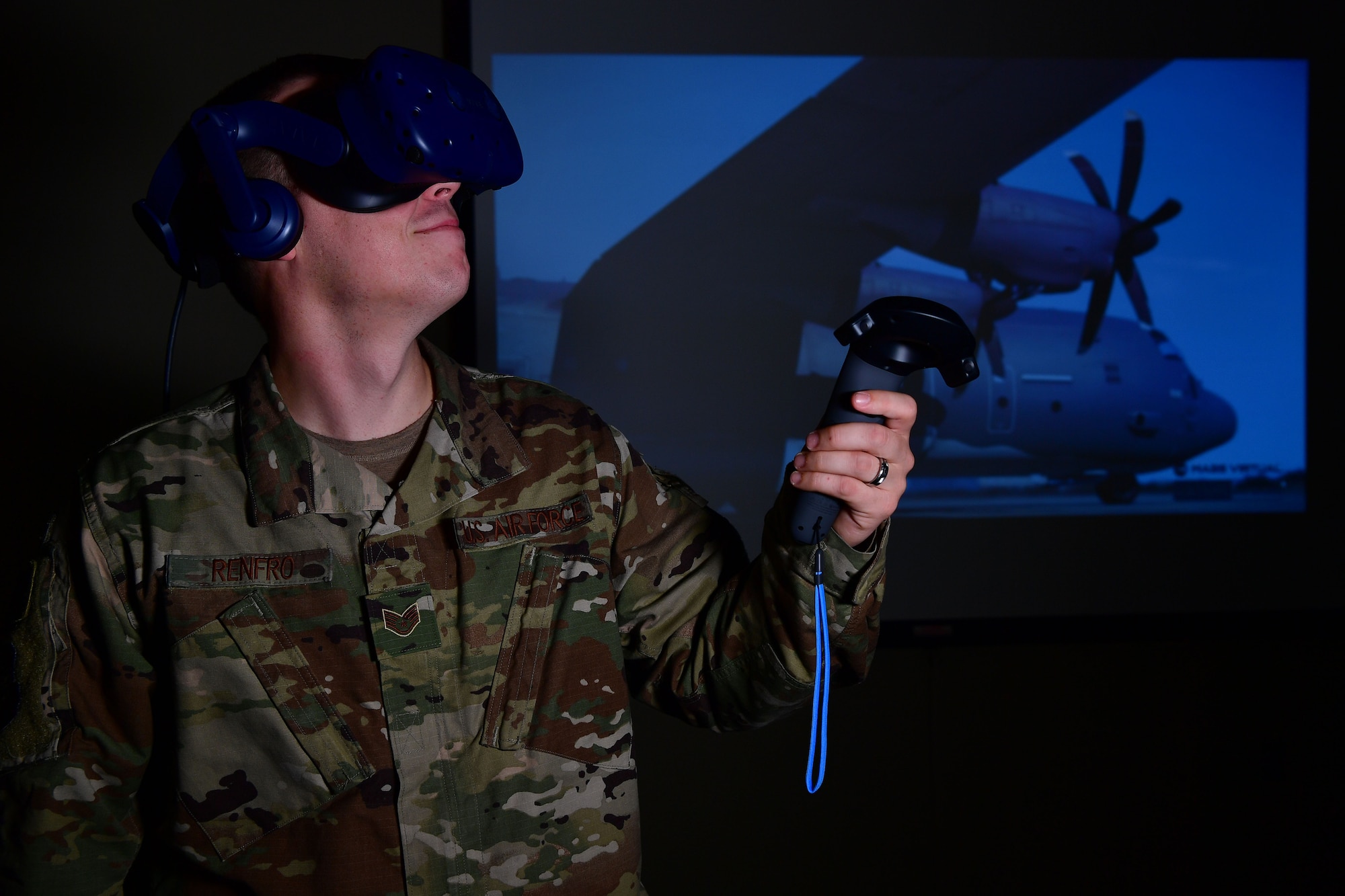 U.S. Air Force Staff Sgt. Kenneth Renfrow, 19th Maintenance Group maintenance qualifications training instructor, uses a virtual reality headset