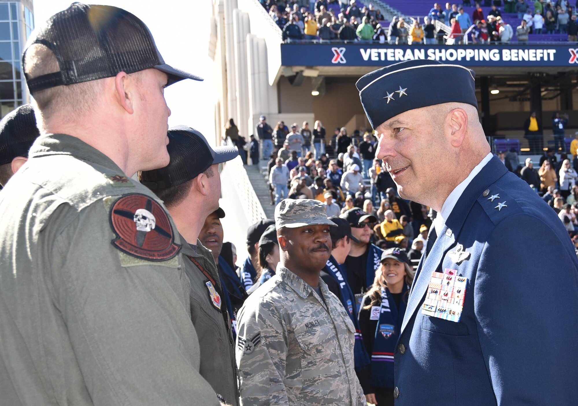 Tenth Air Force Commander Maj. Gen. Brian Borgen speaks with the F-35A Lightning II flight crew from the 6th Weapons Squadron, Nellis Air Force Base, Nevada who performed the flyover during the national anthem at the Lockheed Martin Armed Forces Bowl on January 4, 2020 at Amon G. Carter Stadium in Fort Worth, Texas. Tenth Air Force is headquartered at Naval Air Station Fort Worth Joint Reserve Base, Texas. It is one of three numbered air forces in Air Force Reserve Command, and is responsible for command supervision of 17 units, ensuring each maintains the highest combat capability to augment active duty forces in support of national objectives. (U.S. Air Force photo by Capt. Jessica Gross)