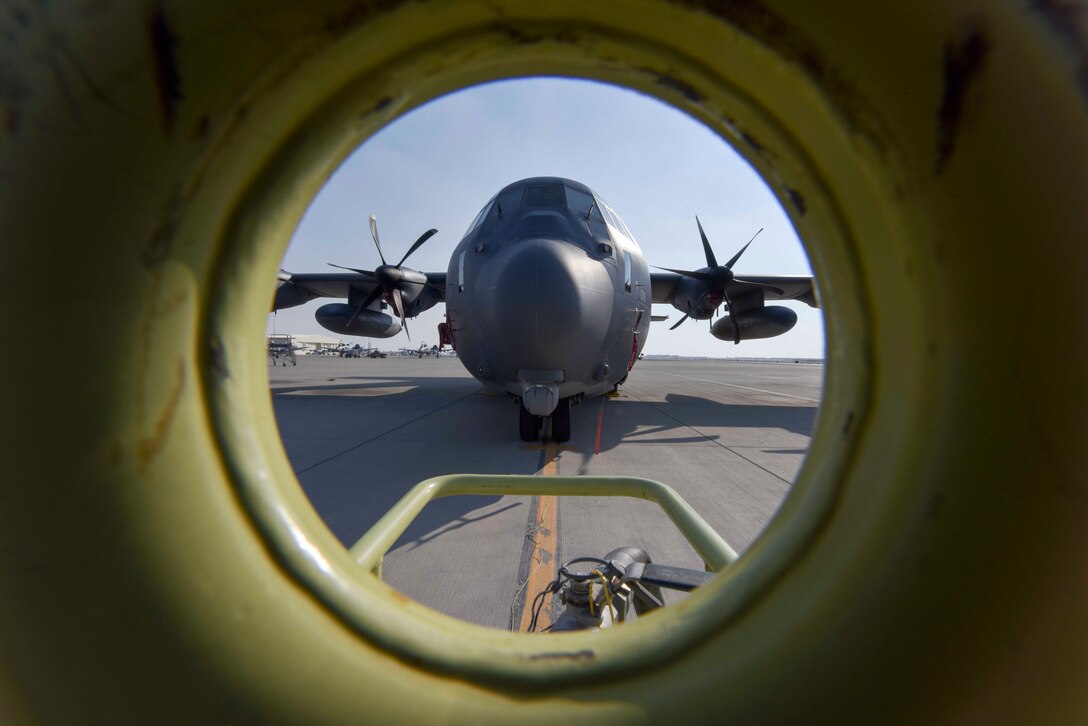 An HC-130J Combat King II with the 1st Expeditionary Rescue Group sits on the flightline at Al Udeid Air Base, Qatar on Jan. 16, 2020. The HC-130J is capable of operating from rough, dirt strips and can be outfitted to provide airlift support, aeromedical missions, weather reconnaissance and more. (U.S. Air Force photo by Tech. Sgt. John Wilkes)