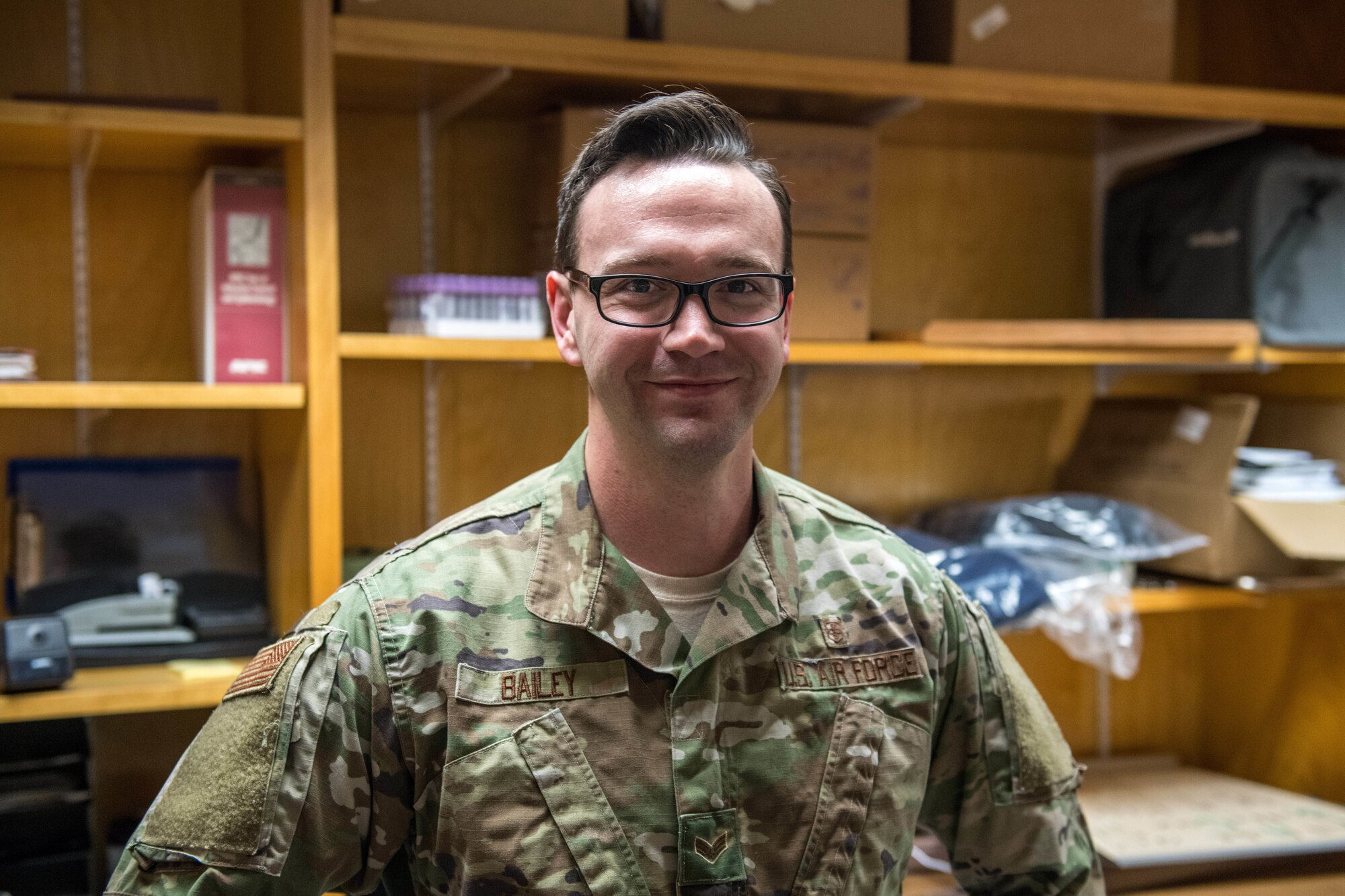 Senior Airman Corbin Bailey, assigned to the 158th Medical Group, smiles for a portrait at the Vermont Air National Guard Base