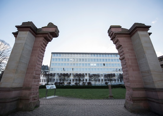 A stone memorial stands in Synagogue Square, Kaiserslautern, Germany, Jan. 20, 2020. The memorial is used to remember the 192 Holocaust victims of Kaiserslautern. While Remembrance for the Victims of National Socialism is held annually on Jan. 27, service members and their families can recognize victims of the Holocaust by learning about the Kaiserslautern memorials and local history throughout the year. (U.S. Air Force photo by Staff Sgt. Kirby Turbak)