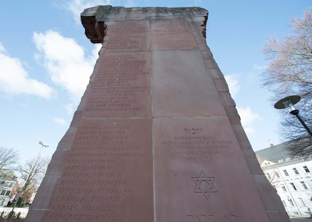 A memorial pillar, containing 192 Holocaust victims’ names stands in Synagogue Square, Kaiserslautern, Germany, Jan. 20, 2020. The memorial is made of remaining pieces of the
original synagogue that was destroyed in 1938. While Remembrance for the Victims of National Socialism is held annually on Jan. 27, service members and their families can learn about the victims of the Holocaust by reading about the Kaiserslautern memorials and local history throughout the year. (U.S. Air Force photo by Staff Sgt. Kirby Turbak)