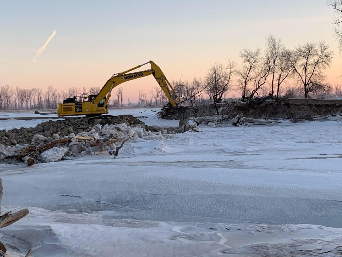 The U.S. Army Corps of Engineers, Omaha District completed the initial breach repair along the right bank of the Platte River, just upstream of the confluence of the Platte River with the Missouri River, Tuesday.