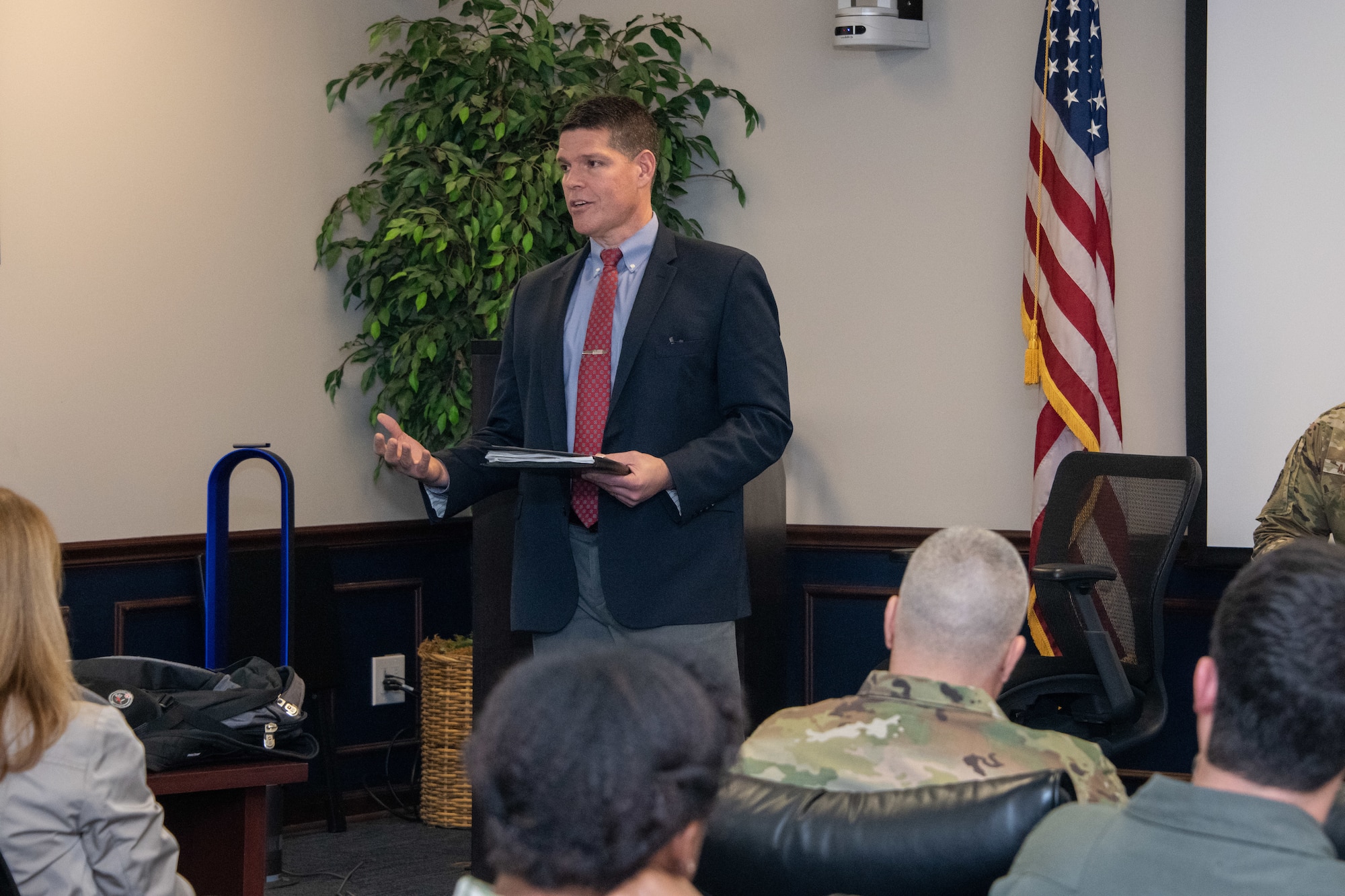 The Honorable John W. Henderson, Assistant Secretary of the Air Force for Installations, Environment, and Energy, opens a panel discussion on military housing during the Wing Commander’s Course at Air University’s Eaker Center on Maxwell Air Force Base, Alabama, Jan. 14, 2020. Henderson was one of five panel participants addressing questions and topics related to military housing for future wing commanders. (U.S. Air Force photo by Cassandra Cornwell)