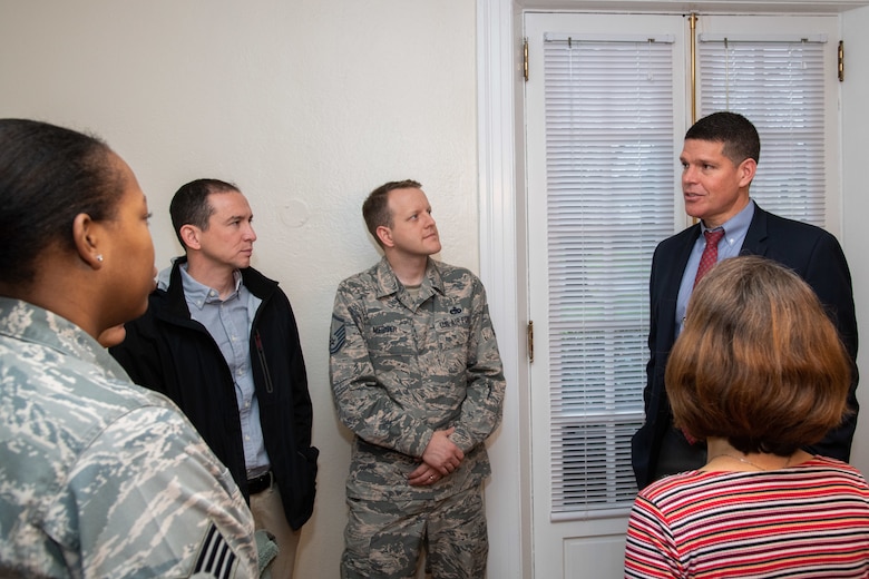 (Right) The Honorable John W. Henderson, Assistant Secretary of the Air Force for Installations, Environment and Energy, speaks with resident representatives from Maxwell Air Force Base and Gunter Annex, Alabama, during a privatized housing tour Jan. 14, 2020. Henderson toured several houses on Maxwell AFB to learn about current conditions in privatized housing. (U.S. Air Force photo by Billy Birchfield)
