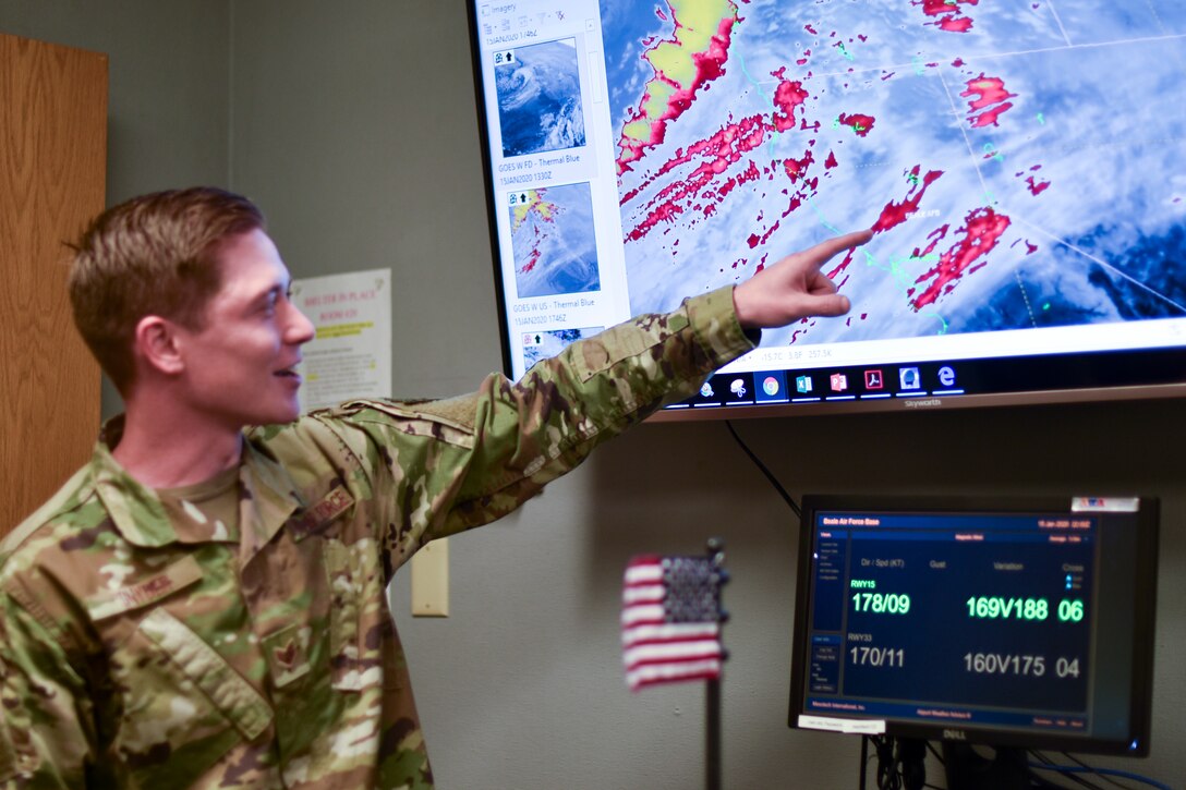 Weather forecasters analyzing weather