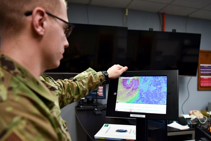 Weather forecasters analyzing weather