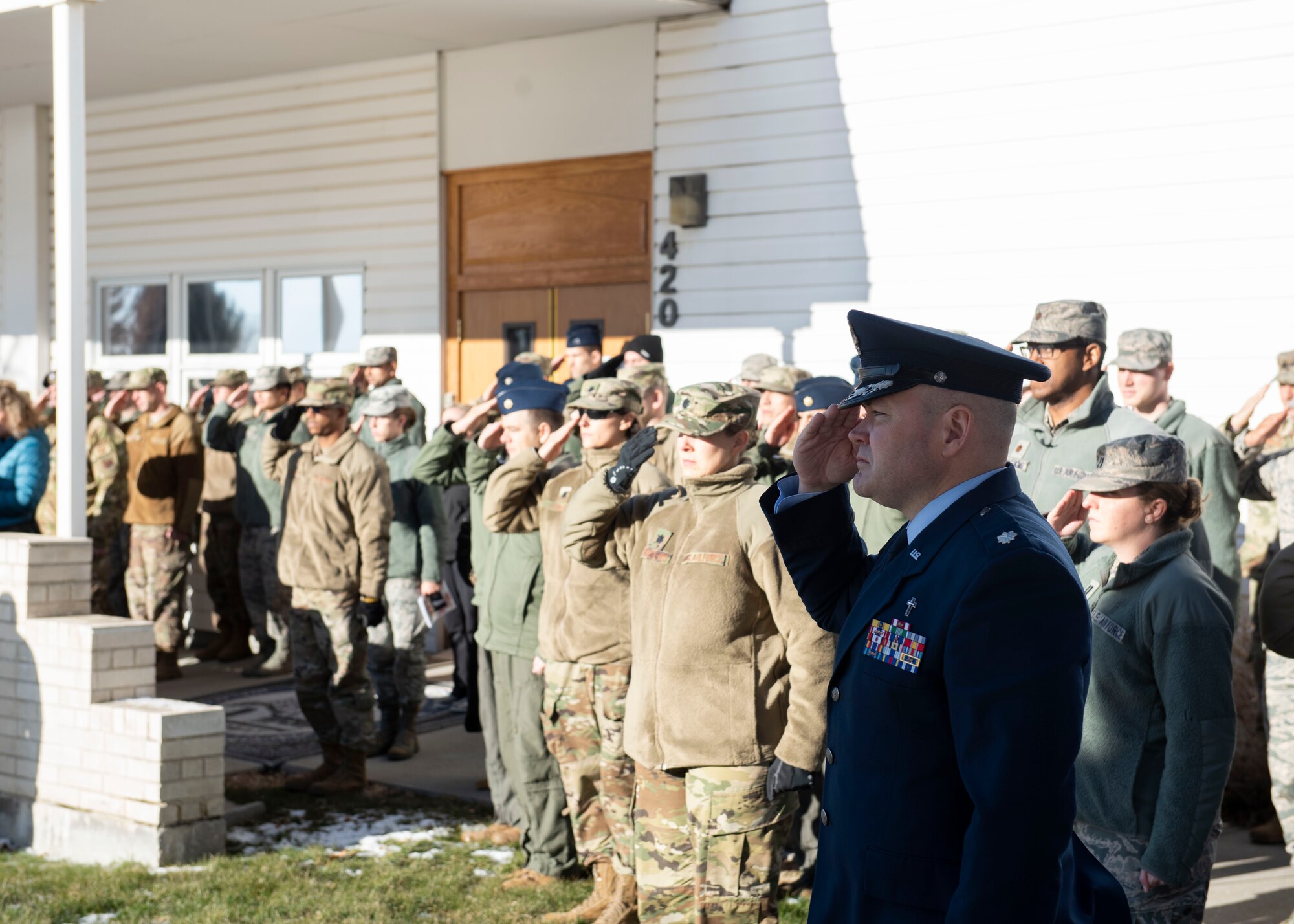 The service members of Mountain Home Air Force Base render a final salute as a farewell to Capt. Ryan Gipson, 391st Fighter Squadron wing munitions manager, during his memorial ceremony, Jan. 16, 2020, at Mountain Home Air Force Base. This ceremony was held to celebrate the life of Capt. Ryan Gipson and his honorable years of service in the United States Air Force. (U.S. Air Force photo by Senior Airman Tyrell Hall)