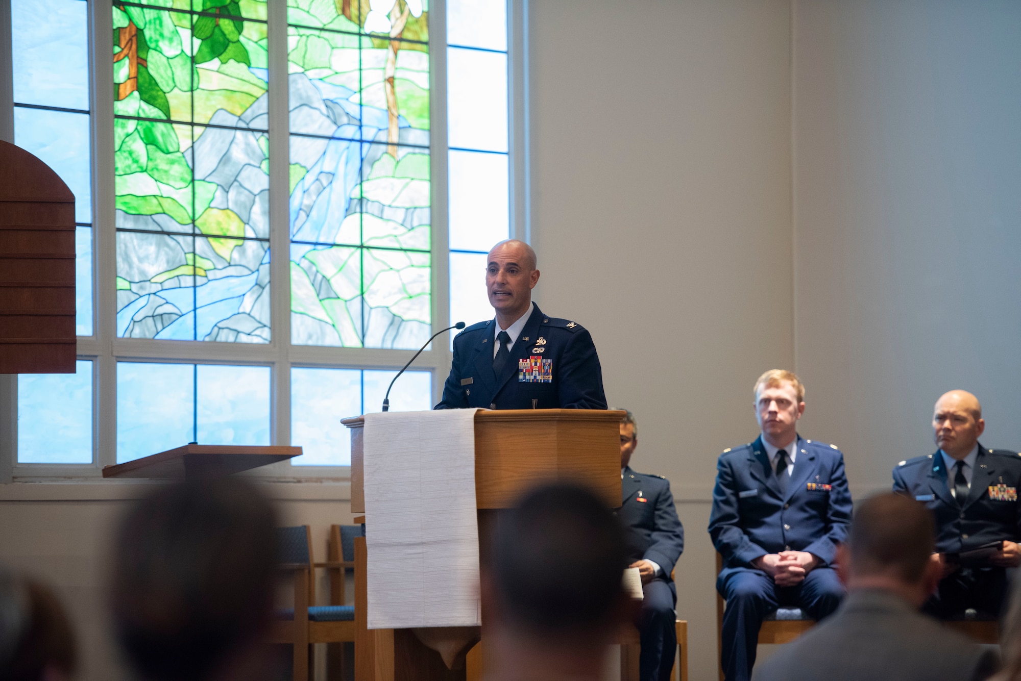 Col. Tony Lombardo, 366th Fighter Wing Chief of Staff commander, speaks during a memorial ceremony for Capt. Ryan Gipson, 391st Fighter Squadron wing munitions manager,  Jan. 16, 2020, at Mountain Home Air Force Base, Idaho. This ceremony was held to celebrate the life of Capt. Ryan Gipson and his honorable years of service in the United States Air Force. (U.S. Air Force photo by Senior Airman Tyrell Hall)