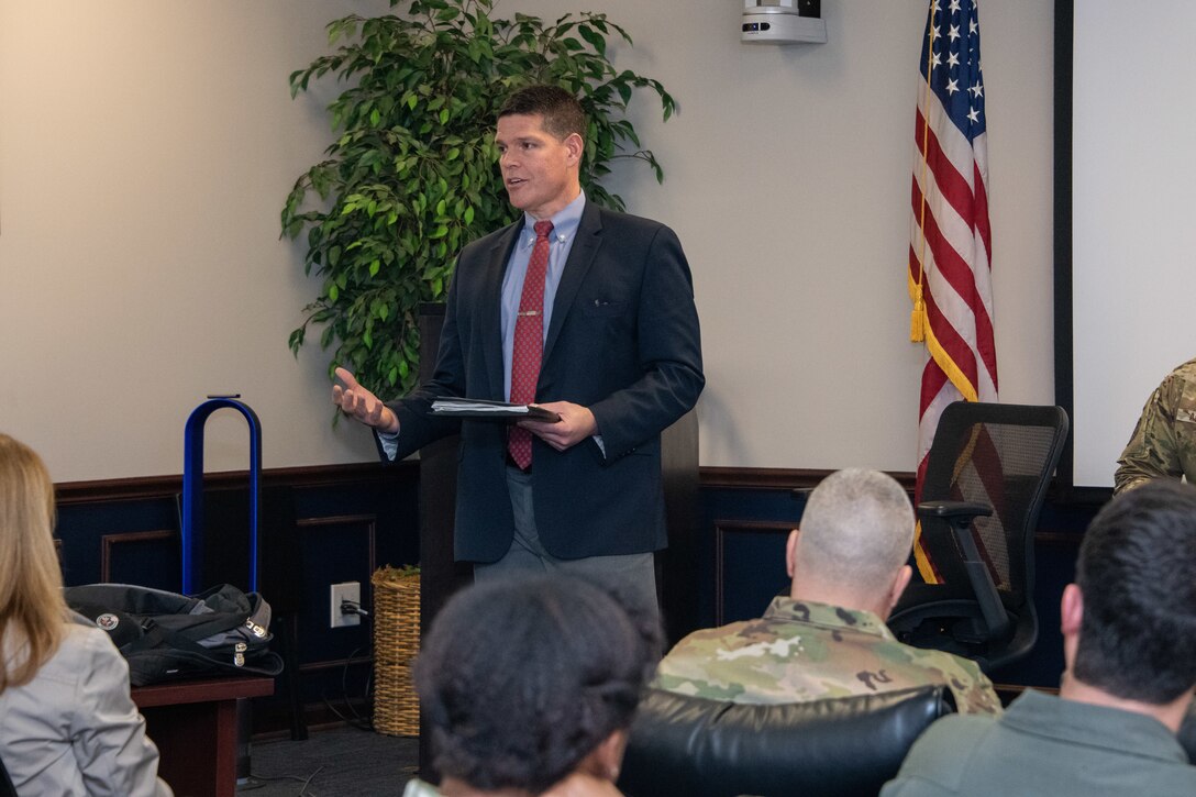 The Honorable John W. Henderson, Assistant Secretary of the Air Force for Installations, Environment, and Energy, opens a panel discussion on military housing during the Wing Commander’s Course at Air University’s Eaker Center on Maxwell Air Force Base, Alabama, Jan. 14, 2020. Henderson was one of five panel participants addressing questions and topics related to military housing for future wing commanders. (U.S. Air Force photo by Cassandra Cornwell)