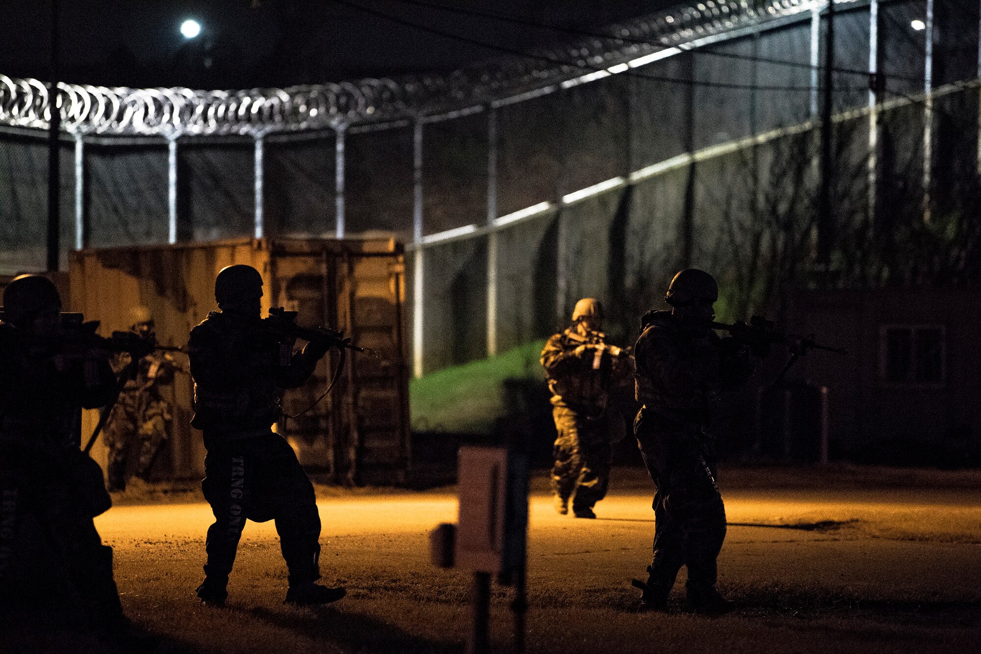 51st Security Forces defenders patrol during night operation training as part of a Combat Readiness Course, Dec. 18, 2019, at Osan Air Base, Republic of Korea. The course challenges Osan’s newest defenders on their readiness and skills to defend the base. (U.S. Air Force photo by Staff Sgt. Greg Nash)