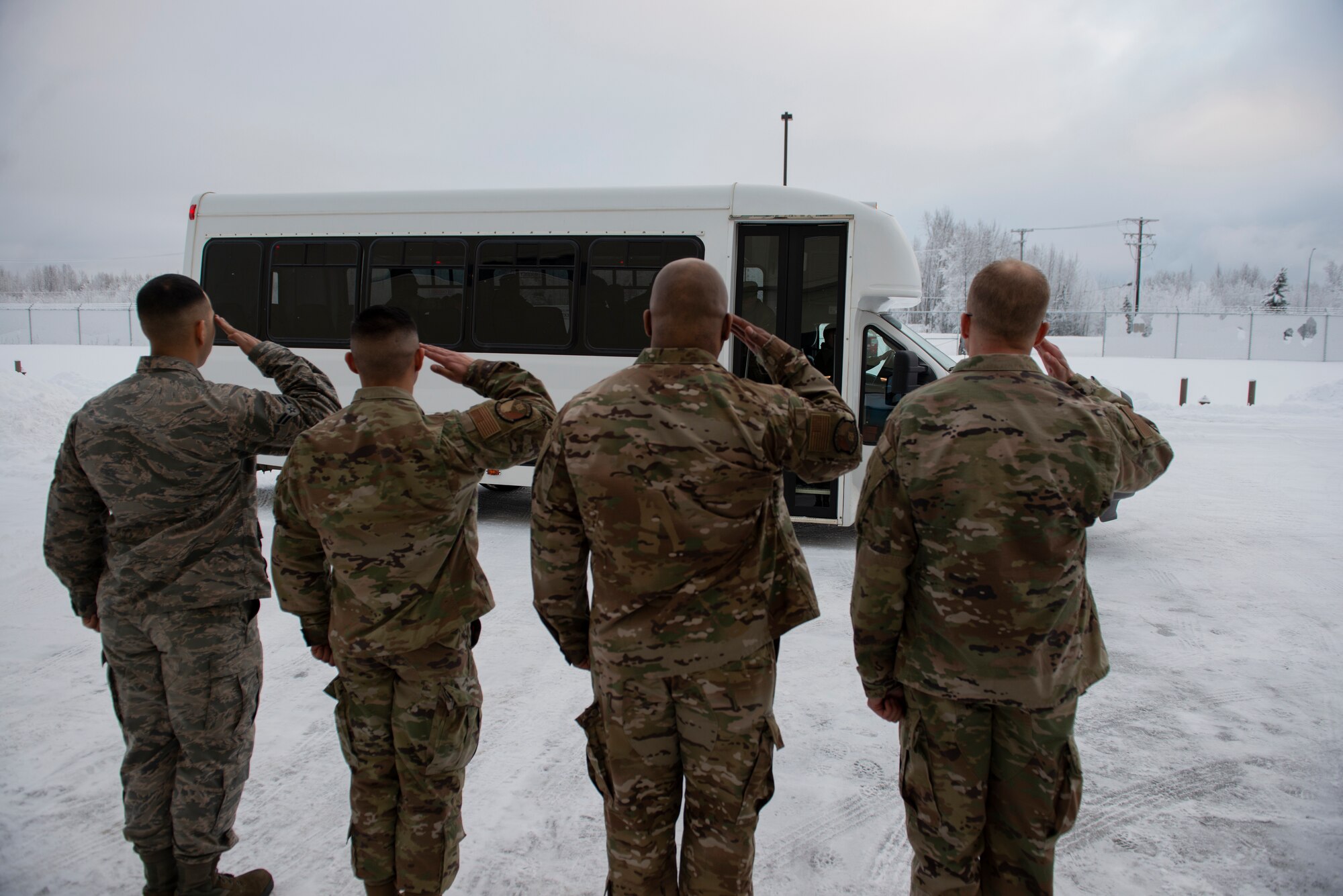 U.S. Airmen assigned to the 3rd Wing’s Propulsion Lab salute Installation Excellence Selection Board members during the 2020 Commander in Chief’s Installation Excellence Award site inspection at Joint Base Elmendorf-Richardson, Alaska, Jan. 13, 2020. JBER is competing as a finalist for the CINC IEA. This presidential award recognizes innovation and superior operation of military installations that have best used their resources to support the mission.