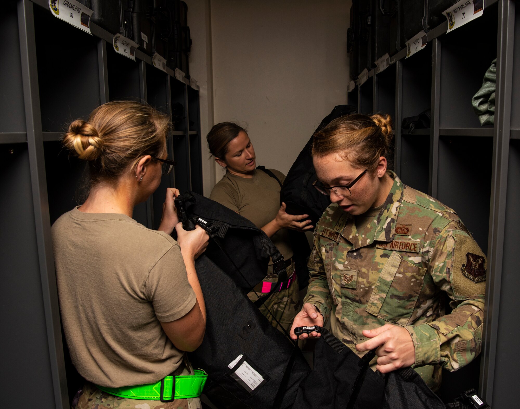 69th Expeditionary Bomb Squadron aircrew flight equipment Airmen sort through gear at Andersen Air Force Base, Guam, Jan. 16, 2020.
