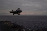 EAST CHINA SEA (Jan. 19, 2020) An F-35B Lightning II assigned to the 31st Marine Expeditionary Unit (MEU), Marine Medium Tiltrotor Squadron (VMM) 265 (Reinforced) lands on the flight deck of amphibious assault ship USS America (LHA 6). America, flagship of the America Expeditionary Strike Group, 31st MEU team, is operating in the U.S. 7th Fleet area of operations to enhance interoperability with allies and partners and serve as a ready response force to defend peace and stability in the Indo-Pacific region.