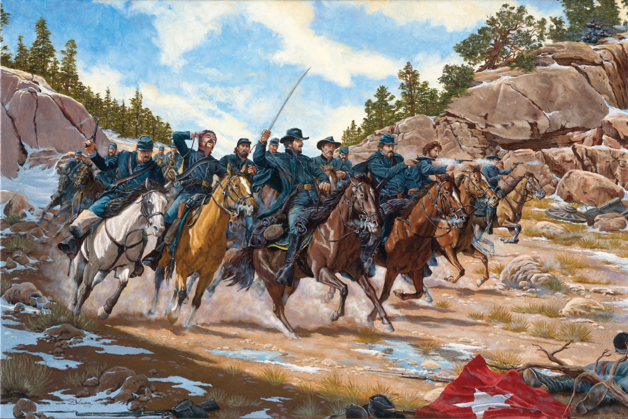 A painting of the Battle of Glorieta Pass: Action at Apache Canyon.