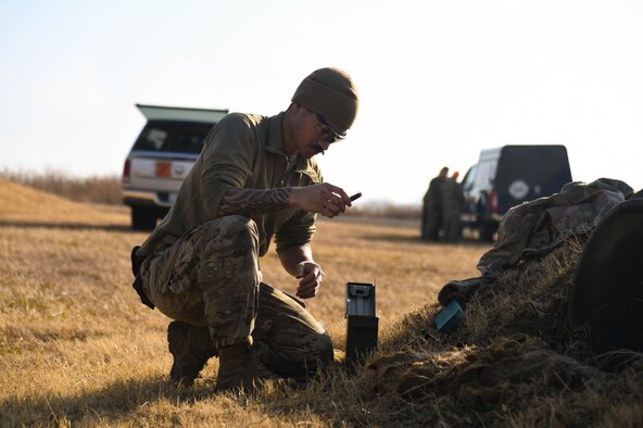 Airman 1st Class Brightly Pell, 22nd Civil Engineering Squadron explosive ordnance technician, checks to ensure blasting caps are serviceable during controlled training detonations Jan. 14, 2020, at McConnell Air Force Base, Kansas. An EOD technician is responsible for the detection, disarming, detonation and disposal of explosives that pose a threat to service members and civilians around the world.  Each Airman in the EOD fight is required to complete a minimum of 16 hours of mission based training each week. (U.S. Air Force photo by Airman 1st Class Nilsa E. Garcia)