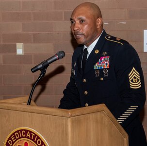 Brooke Army Medical Center Command Sgt. Maj. Thomas Oates speaks at the Dr. Martin Luther King, Jr. Day observance at BAMC, Joint Base San Antonio-Fort Sam Houston Jan. 22. The event celebrated the life and legacy of Dr. King and highlighted the Army's value of service.