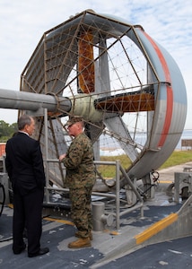 Dave Vickers, head of the expeditionary systems division at Naval Surface Warfare Center Panama City Division, discusses the Landing Craft Air Cushion with Maj. Gen Tracy W. King, Director of Expeditionary Warfare (OPNAV N95) during a familiarization tour January 22.