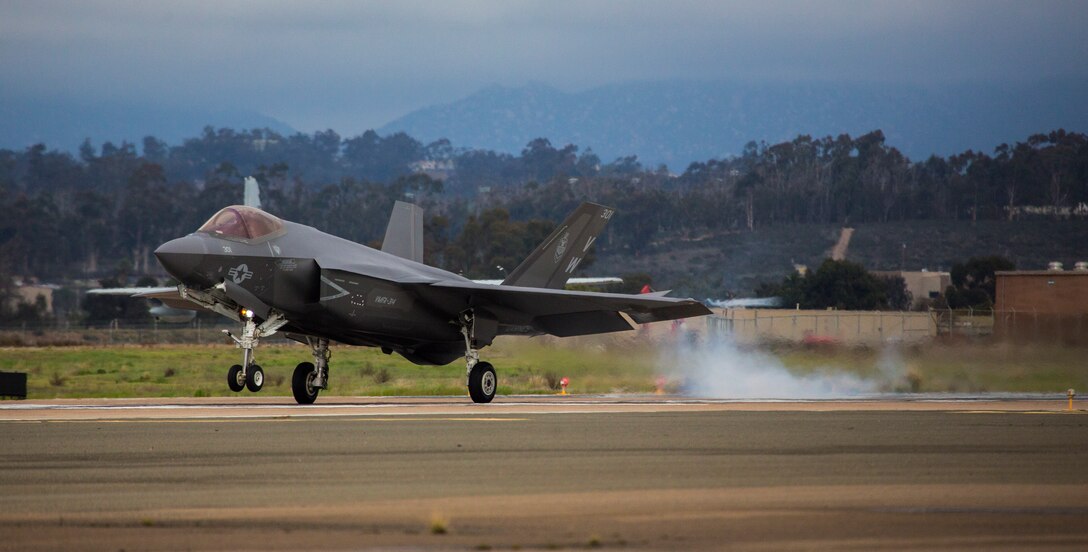 U.S. Marine Corps Lt. Col. Cedar L. Hinton, commanding officer of Marine Wing Fighter Attack Squadron (VMFA) 314, 3rd Marine Aircraft Wing (MAW), lands VMFA-314's first F-35C Lightning II on Marine Air Station Miramar, Calif., Jan. 21. The F-35C will give 3rd MAW a technological advantage by bringing the next wave of 5th generation fighter jets to its arsenal.