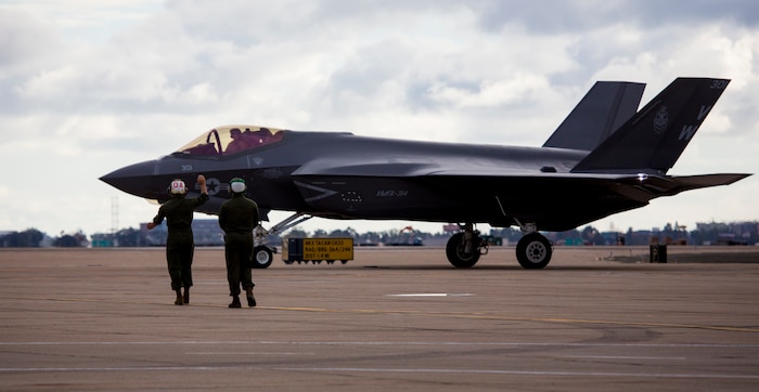 U.S. Marine Corps Lt. Col. Cedar L. Hinton, commanding officer of Marine Wing Fighter Attack Squadron (VMFA) 314, 3rd Marine Aircraft Wing (MAW) lands VMFA-314's first F-35C Lightning II on Marine Air Station Miramar, Calif., January 21.