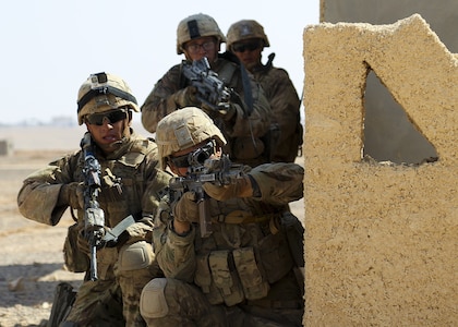 Soldiers from 3rd Armored Brigade Combat Team, 4th Infantry Division, assault an objective during a situational training exercise at an urban assault training village near Amman, Jordan, Sept. 2, 2019. In August, the Army released an updated version of its guide on the Law of Armed Conflict, Field Manual 6-27, the Commander's Handbook on the Law of Land Warfare. The publication helps guide U.S. troops comply with international and host nation laws. The manual also aids partner nations in gaining an understanding of U.S. military operations and regulations.