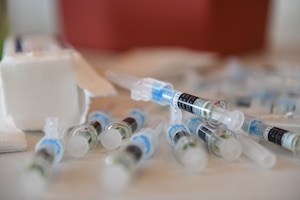 Flu shot vaccinations sit on a table, Oct. 17, 2019, at Aviano Air Base, Italy.