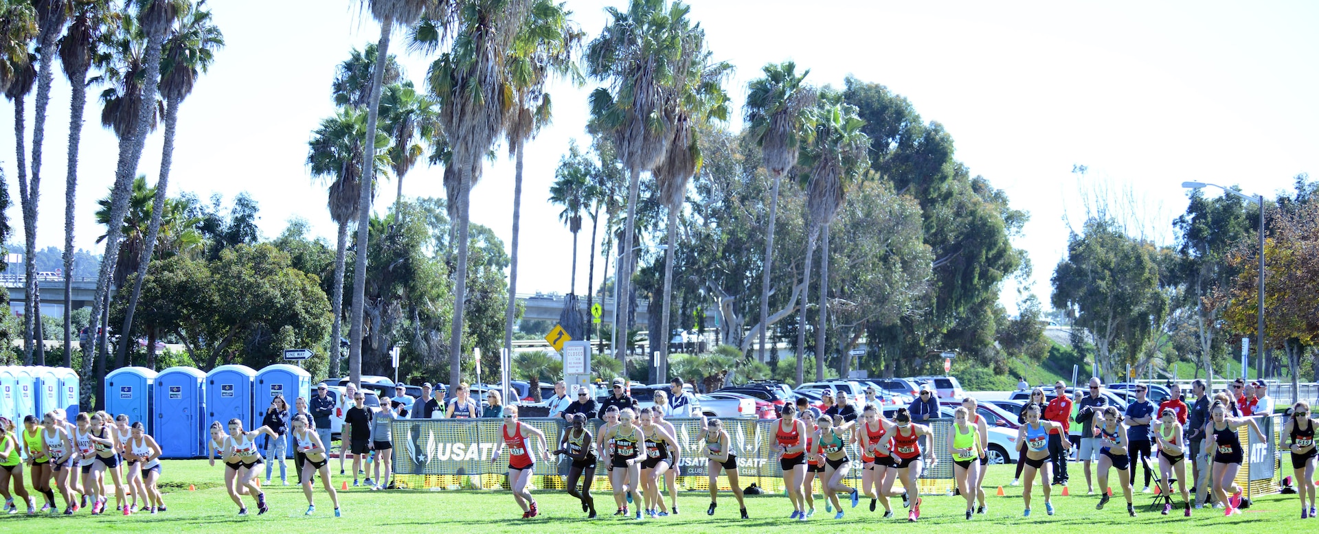 Runners begin the women's Armed Forces Cross Country Championship, run in conjunction with the USA Track and Field Cross Country Championships senior women 10K race at Mision Bay Park in San Diego, Calif., Jan. 18, 2019.