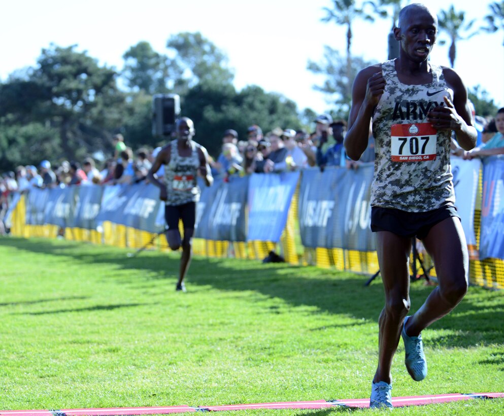 Army Sgt. Emmanuel Bor crosses the finish line of the Armed Forces Cross Country Championship at Mission Bay Park in San Diego, Jan. 18, 2020 to take second place with a time of 30:58. The race was run concurrently with the USA Track and Field senior men 10K and Bor took silver in both for the second consecutive year.