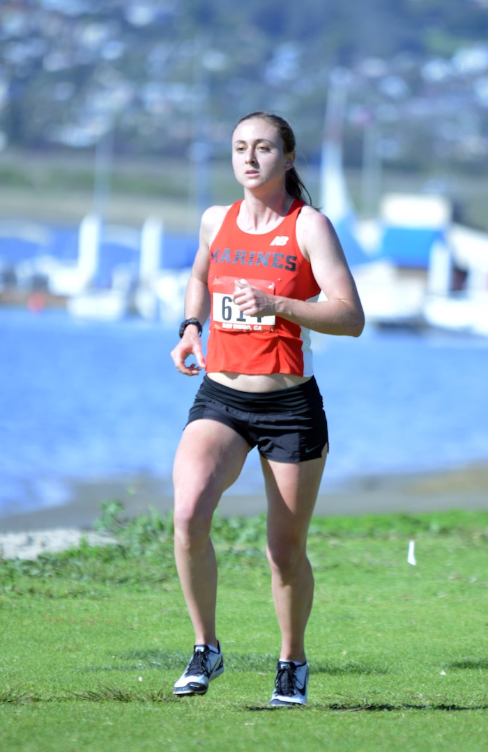 U.S. Marine Corps 2nd Lt. Rachel Fairbanks from Quantico, Va., runs the Armed Forces Cross Country Championship at Mission Bay Park in San Diego, Jan. 18, 2019.