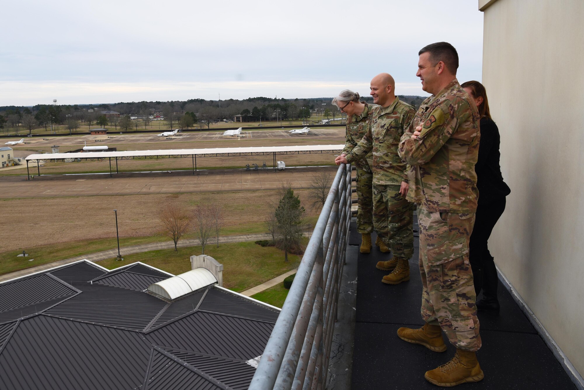 Chief Master Sgt. Trevor James, 14th Flying Training Wing command chief, tours the air traffic control tower, Jan. 16, 2020, on Columbus Air Force Base, Miss. The tower Control, and Radar Approach Control sections work closely with base aircraft and coordinate with other base agencies to keep the airfield at a high level of readiness. (U.S. Air Force photo by Airman 1st Class Jake Jacobsen)