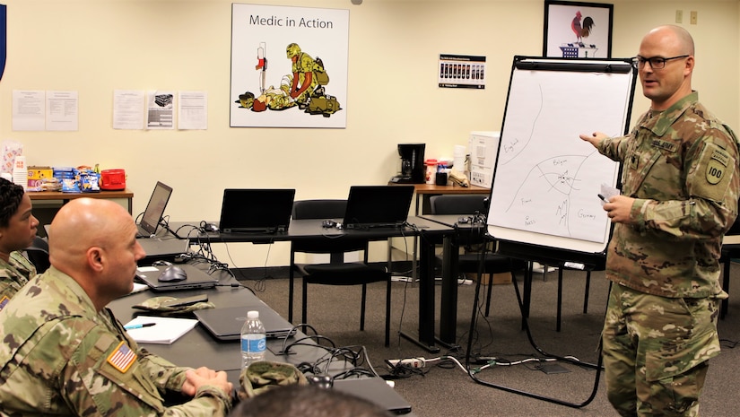 Lt. Col. Jeffrey Gunlicks, with the 97th Training Brigade, 100th Training Division-Leader Development, teaches a class at the 80th Training Command (TASS) Instructor of the Year Competition at Fort Knox, Kentucky, Oct. 24, 2019. Gunlicks was awarded the Officer Army Reserve IOY for Fiscal Year 2020.