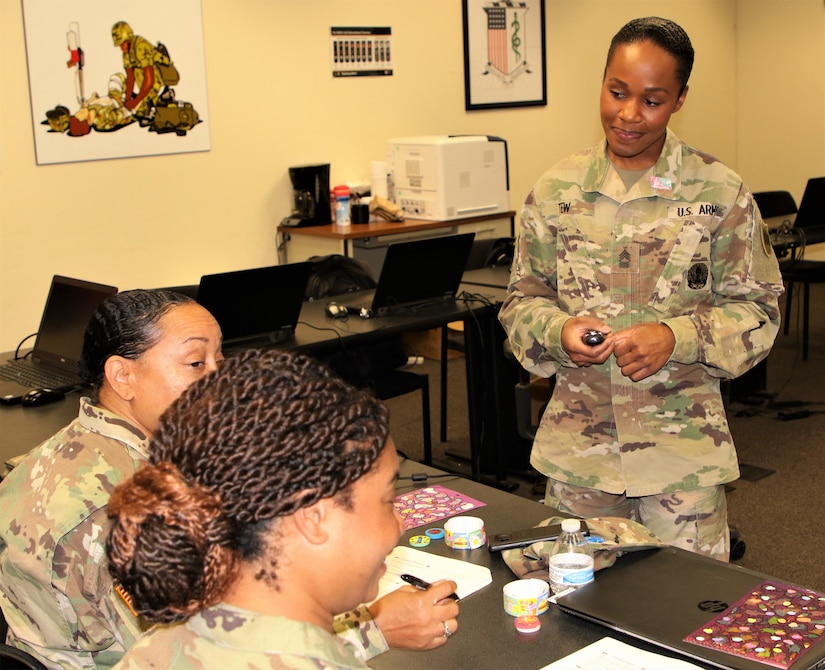 Master Sgt. Ericka Tew, with the 83rd Army Reserve Readiness Training Center, 100th Training Division-Leader Development, teaches a class at the 80th Training Command (TASS) Instructor of the Year Competition at Fort Knox, Kentucky, Oct. 24, 2019.  Tew was awarded the Noncommissioned Officer Army Reserve IOY for Fiscal Year 2020.
