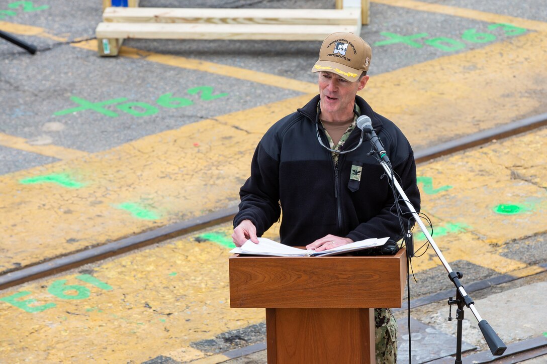 Participants in Norfolk Naval Shipyard’s Dry Dock 4 renovation groundbreaking Jan. 23 include, from left to right: Drew Quiroz, President, Asturian-Consigli JV; Stephanie Douglas, NAVSEA Director of Industrial Operations (SEA 04); John Rowe, Mayor, City of Portsmouth; Capt. Kai Torkelson, Commander, Norfolk Naval Shipyard; James Geurts, Assistant Secretary of the Navy (Research, Development and Acquisition); Congressman Robert “Bobby” Scott, 3rd District of Virginia; Cmdr. William Butler, NAVFAC Public Works Officer, Norfolk Naval Shipyard; Robert Fogel, Project Superintendent, Industrial Facilities and Equipment, Norfolk Naval Shipyard; and Stan Magann, Vice President, W.F. Magann Corporation.