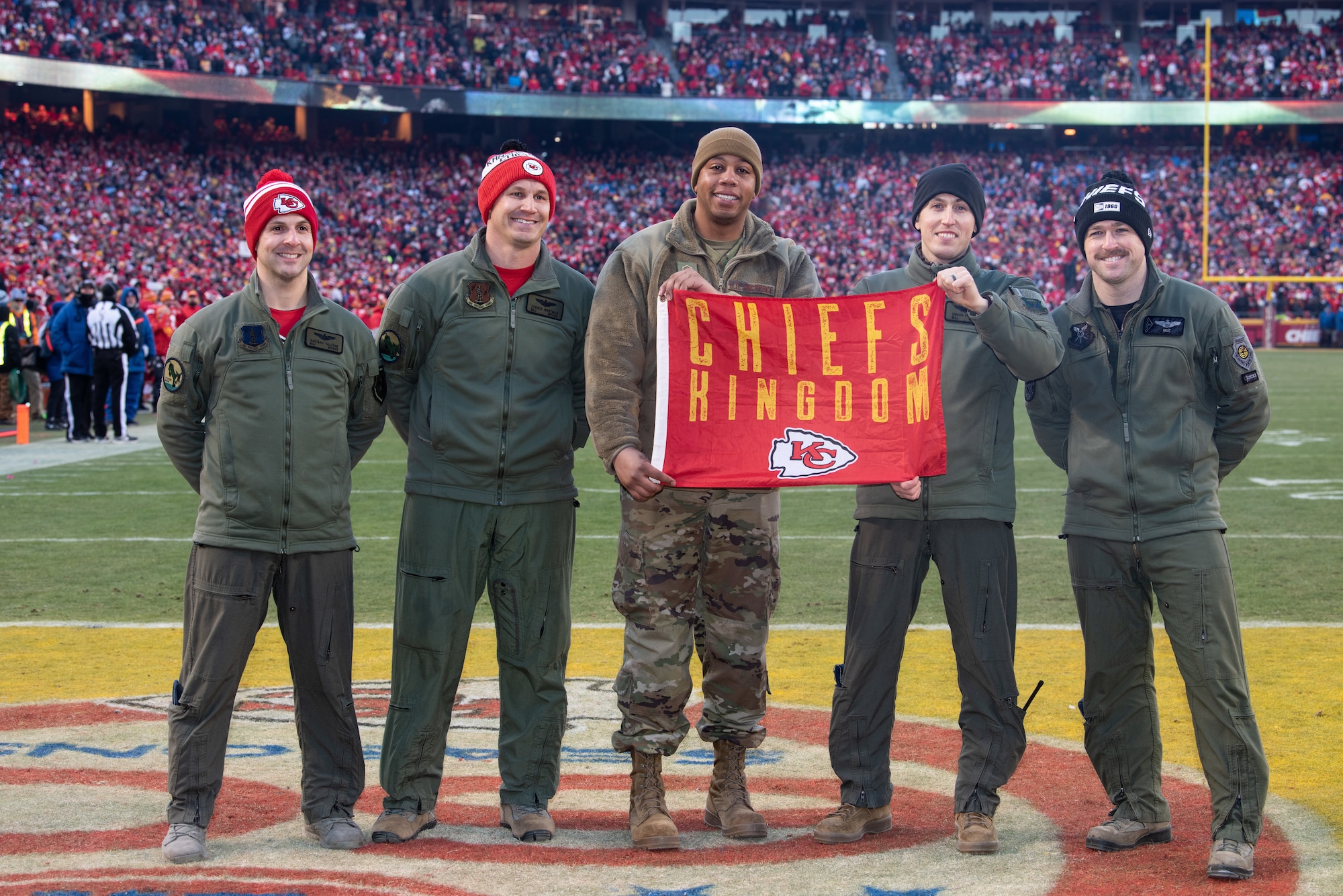 The Kansas City Chiefs recognize Airmen assigned to the 509th Bomb Wing and the 131st Bomb Wing at Whiteman Air Force Base, Missouri, during the third quarter of the AFC Championship game on Jan. 19, 2020, at Arrowhead Stadium, Kansas City, Missouri. A B-2 Spirit Stealth Bomber from Whiteman AFB ﬂew over the stadium during the National Anthem performance. The Kansas City Chiefs and Whiteman AFB have been long standing partners and work on a variety of events throughout the year to strengthen bonds between the local community and the military. (U.S. Air Force photo by Senior Airman Thomas Barley)