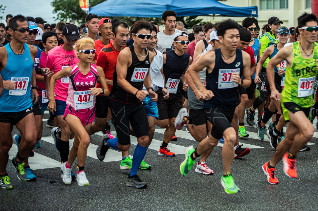 Participants begin their 13.1-mile journey in the Kinser Half-Marathon Jan. 12, 2020 at Camp Kinser, Okinawa, Japan.